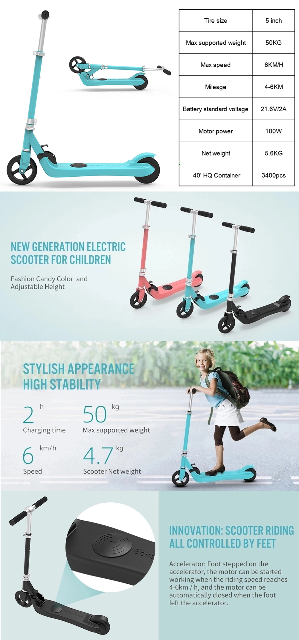 Factory Price Portable Children Kick E Scooter Kids Child E-Scooter Push Electric Scooter