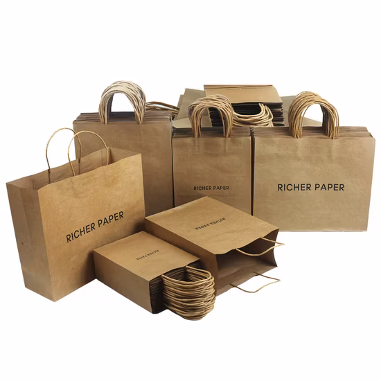 クラフト包装ブラウン フラット ハンドル ショッピング バッグ 100% リサイクル可能なクラフト紙ショッピング バッグ。